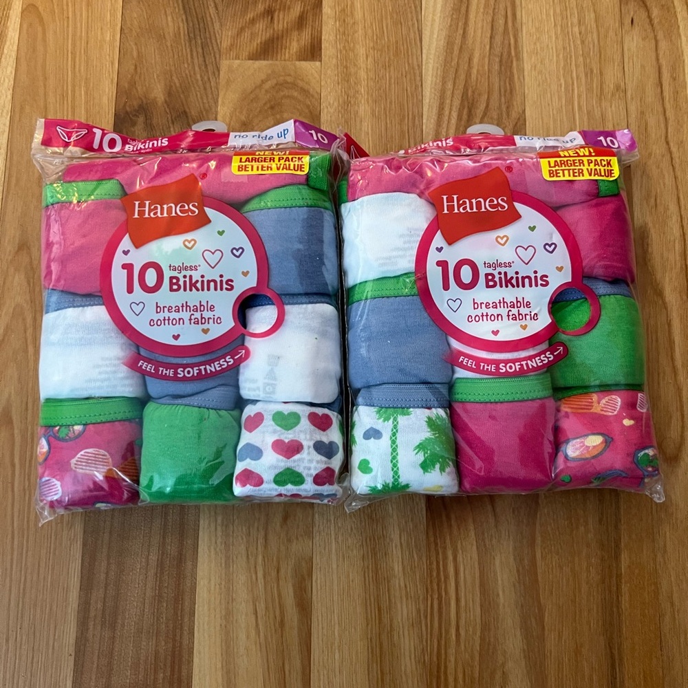 Lot of 2 Hanes Girls Pack of 10 Cotton Bikinis Size 10 NWT